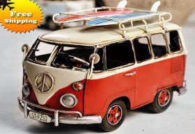Medium Scale Tinplate Red / White Handmade Vintage VW Style Bus