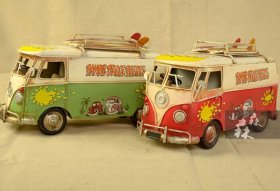 Red / Green Tinplate Medium Scale Vintage VW Bus Model