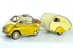 Yellow Retro Tinplate 1957 BMW Isetta With Trailer Model