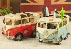 Red / Blue Handmade Small Scale Tinplate VW Bus Model