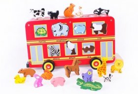 Kids Large Scale Red Animal Wooden Double-Decker Bus