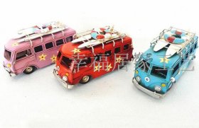 Small Scale Red / Pink / Blue Tinplate Vintage Bus Model