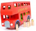 Red Wooden Double Decker London Bus with Passengers Inside