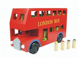 Red Wooden Double Decker London Bus with Passengers Inside